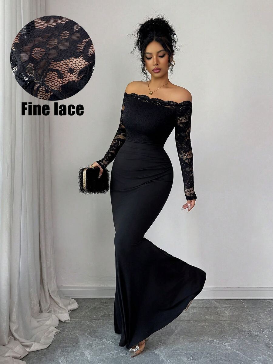 Elenzga Lace Trim Sheer Long Sleeve Black Dress, Elegant Fitted Mermaid Hem Knit Bodycon Dress For Commuting, Autumn/Winter Low Rise Free Shipping - Black - View 1