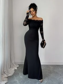 Elenzga Lace Trim Sheer Long Sleeve Black Dress, Elegant Fitted Mermaid Hem Knit Bodycon Dress For Commuting, Autumn/Winter Low Rise Free Shipping - Black - View 5