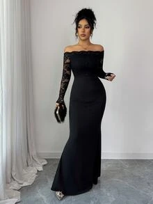 Elenzga Lace Trim Sheer Long Sleeve Black Dress, Elegant Fitted Mermaid Hem Knit Bodycon Dress For Commuting, Autumn/Winter Low Rise Free Shipping - Black - View 7