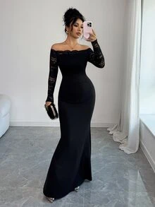 Elenzga Lace Trim Sheer Long Sleeve Black Dress, Elegant Fitted Mermaid Hem Knit Bodycon Dress For Commuting, Autumn/Winter Low Rise Free Shipping - Black - View 1