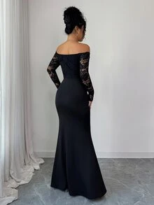 Elenzga Lace Trim Sheer Long Sleeve Black Dress, Elegant Fitted Mermaid Hem Knit Bodycon Dress For Commuting, Autumn/Winter Low Rise Free Shipping - Black - View 2