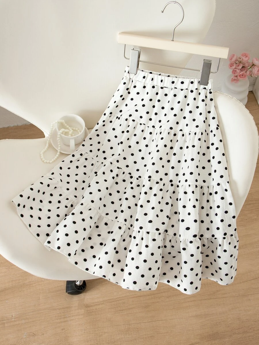 SHEIN Váy xòe in họa tiết trắng phong cách tối giản Nancy Fairy Princess kiểu Hàn cho bé gái, trang phục thường ngày mùa hè và mùa thu, phù hợp sinh nhật 7 tuổi và tiệc Baby Shower