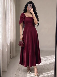 Modelyn Vestido Longo Elegante Romântico de Uso Diário com Decote Quadrado, Cintura Franzida e Silhueta em A - Vinho - Visão 1