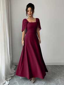 Modelyn Vestido Longo Elegante Romântico de Uso Diário com Decote Quadrado, Cintura Franzida e Silhueta em A - Vinho - Visão 4