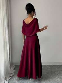 Modelyn Vestido Longo Elegante Romântico de Uso Diário com Decote Quadrado, Cintura Franzida e Silhueta em A - Vinho - Visão 2