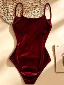 Franclia 女款純色垂領仿珍珠裝飾時尚細肩帶連身內衣 - 紅色 - 查看 2