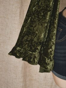 SHEIN ICON 大码女式复古荷叶边领带绿色天鹅绒衬衫 - 綠色 - 查看 4