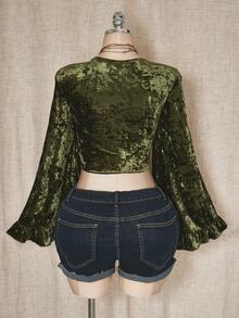 SHEIN ICON 大码女式复古荷叶边领带绿色天鹅绒衬衫 - 綠色 - 查看 9