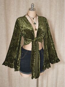 SHEIN ICON 大码女式复古荷叶边领带绿色天鹅绒衬衫 - 綠色 - 查看 6