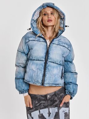 Abrigo acolchado con capucha para mujer, estilo casual Y2K Street Rebel de otoño/invierno, efecto denim desgastado con estampado, corte holgado, estilo milenario