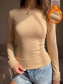 SHEIN EZwear 女款修身駱駝色保暖內裡長袖休閒T恤，冬季日常穿著 - 杏色 - 查看 10