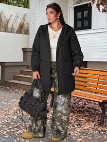 Muchica Plus Size Zipper Pocket Long Sleeve Hooded Padded Coat Winter - Black - View 6