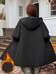 Muchica Plus Size Zipper Pocket Long Sleeve Hooded Padded Coat Winter - Black - View 2