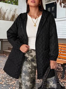Muchica Plus Size Zipper Pocket Long Sleeve Hooded Padded Coat Winter - Black - View 5