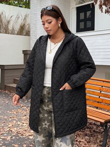 Muchica Plus Size Zipper Pocket Long Sleeve Hooded Padded Coat Winter - Black - View 4