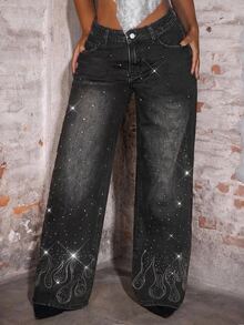 Slaydiva Plus Size Women Y2K Black Rhinestone Sparkly High Waist Wide Leg Denim Jeans Fall Party Going Out Vintage Loose Pants - Black - View 9