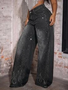 Slaydiva Plus Size Women Y2K Black Rhinestone Sparkly High Waist Wide Leg Denim Jeans Fall Party Going Out Vintage Loose Pants - Black - View 4