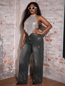 Slaydiva Plus Size Women Y2K Black Rhinestone Sparkly High Waist Wide Leg Denim Jeans Fall Party Going Out Vintage Loose Pants - Black - View 10