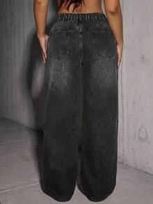 Slaydiva Plus Size Women Y2K Black Rhinestone Sparkly High Waist Wide Leg Denim Jeans Fall Party Going Out Vintage Loose Pants - Black - View 2
