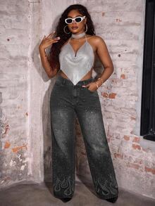 Slaydiva Plus Size Women Y2K Black Rhinestone Sparkly High Waist Wide Leg Denim Jeans Fall Party Going Out Vintage Loose Pants - Black - View 7