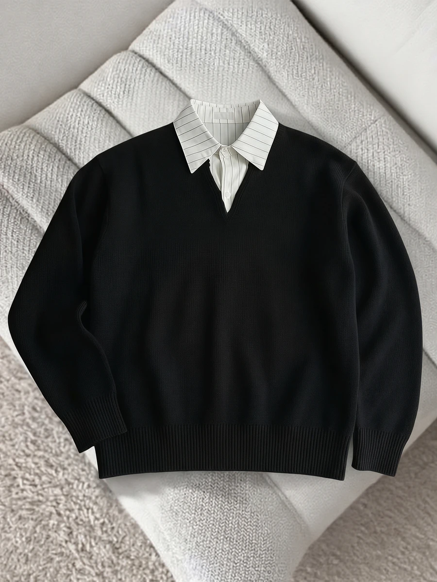 Manfinity Hypemode Men's Patchwork Collar 2 In 1 Long Sleeve Pullover Sweater, Casual Knit Autumn/Winter Apparel, Black Loose Fit Stylish Commute Outfit, Versatile Turn-Down Collar Pullover Sweater - Black - View 1