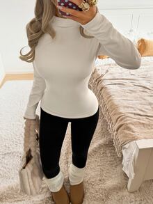 SHEIN EZwear 女款純色休閒百搭長袖T恤，適合日常穿著 - 白色 - 查看 5