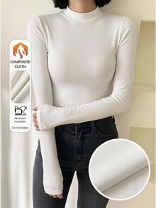 SHEIN EZwear 女款純色休閒百搭長袖T恤，適合日常穿著 - 白色 - 查看 10