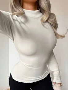 SHEIN EZwear 女款純色休閒百搭長袖T恤，適合日常穿著 - 白色 - 查看 6
