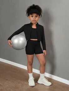 SHEIN 女童純色圓領內搭長袖上衣與短褲休閒日常運動套裝 - 黑色 - 查看 7