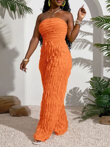 Veslaya Plus Size Strapless Crinkle Texture Jumpsuit For Women Elegant Orange Wide Leg Bodysuit - Orange - View 6