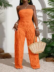 Veslaya Plus Size Strapless Crinkle Texture Jumpsuit For Women Elegant Orange Wide Leg Bodysuit - Orange - View 3