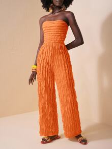 Veslaya Plus Size Strapless Crinkle Texture Jumpsuit For Women Elegant Orange Wide Leg Bodysuit - Orange - View 7