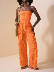 Veslaya Plus Size Strapless Crinkle Texture Jumpsuit For Women Elegant Orange Wide Leg Bodysuit - Orange - View 8