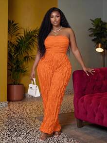 Veslaya Plus Size Strapless Crinkle Texture Jumpsuit For Women Elegant Orange Wide Leg Bodysuit - Orange - View 1