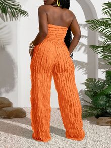 Veslaya Plus Size Strapless Crinkle Texture Jumpsuit For Women Elegant Orange Wide Leg Bodysuit - Orange - View 2