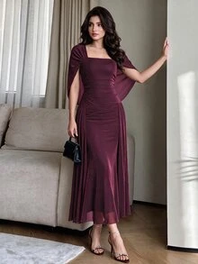 Modelyn Elegant Mesh Shiny Strapless Shawl Sleeve Fitted Long Dress For Women, Spring & Autumn - Red Violet - View 1