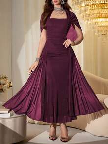 Modelyn Elegant Mesh Shiny Strapless Shawl Sleeve Fitted Long Dress For Women, Spring & Autumn - Red Violet - View 5