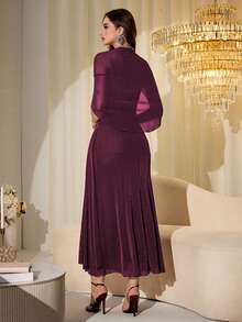 Modelyn Elegant Mesh Shiny Strapless Shawl Sleeve Fitted Long Dress For Women, Spring & Autumn - Red Violet - View 2