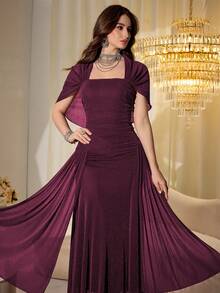Modelyn Elegant Mesh Shiny Strapless Shawl Sleeve Fitted Long Dress For Women, Spring & Autumn - Red Violet - View 7
