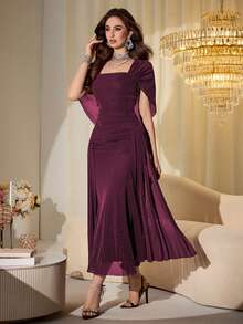 Modelyn Elegant Mesh Shiny Strapless Shawl Sleeve Fitted Long Dress For Women, Spring & Autumn - Red Violet - View 4