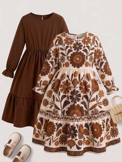 SHEIN Young Girl Vacation Floral Young Girl Print Round Neck Long Sleeve Ruffle Hem Dress