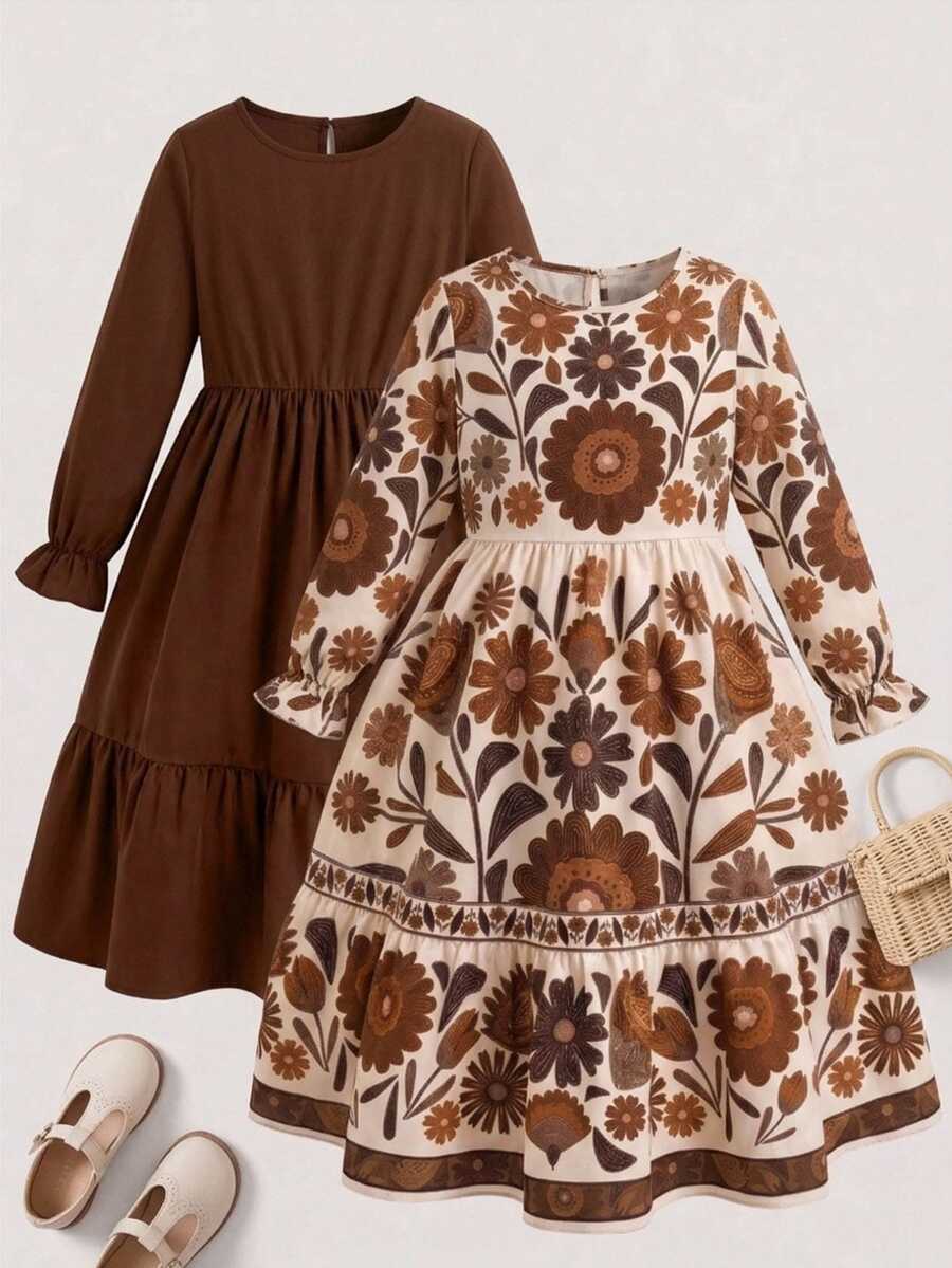 SHEIN Young Girl Vacation Floral Print Round Neck Long Sleeve Ruffle Hem Dress - Multicolor - View 1