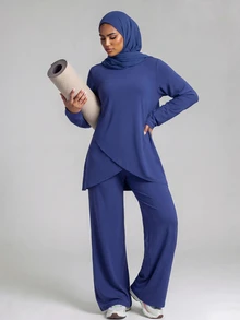 With My Calm With My Calm Indigo Blue Round Neck Long Sleeve Double Layer Asymmetrical Hem Loose Casual Sports Set - Multicolor - View 1