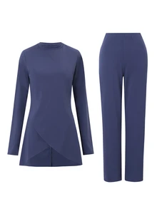 With My Calm With My Calm Indigo Blue Round Neck Long Sleeve Double Layer Asymmetrical Hem Loose Casual Sports Set - Multicolor - View 7
