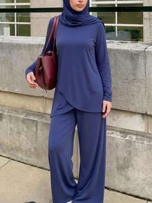With My Calm With My Calm Indigo Blue Round Neck Long Sleeve Double Layer Asymmetrical Hem Loose Casual Sports Set - Multicolor - View 6