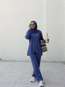 With My Calm With My Calm Indigo Blue Round Neck Long Sleeve Double Layer Asymmetrical Hem Loose Casual Sports Set - Multicolor - View 5