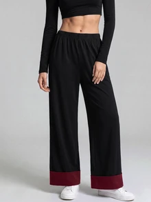 With My Calm With My Calm Athletic Modest Sweatpants, Wide Leg Pants, Training Running Fitness Casual Style, Loose Fit, Color Block Design Gym Dark Red Summer - Black - View 1