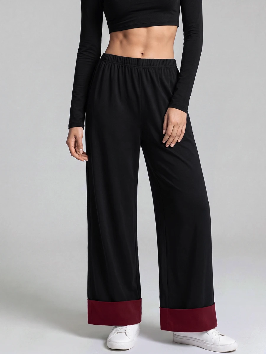 With My Calm With My Calm Athletic Modest Sweatpants, Wide Leg Pants, Training Running Fitness Casual Style, Loose Fit, Color Block Design Gym Dark Red Summer - Black - View 1