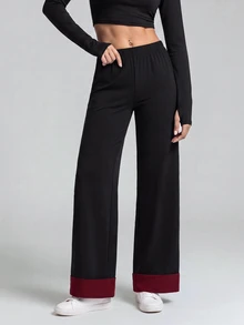 With My Calm With My Calm Athletic Modest Sweatpants, Wide Leg Pants, Training Running Fitness Casual Style, Loose Fit, Color Block Design Gym Dark Red Summer - Black - View 2