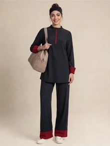 With My Calm With My Calm Athletic Modest Sweatpants, Wide Leg Pants, Training Running Fitness Casual Style, Loose Fit, Color Block Design Gym Dark Red Summer - Black - View 6